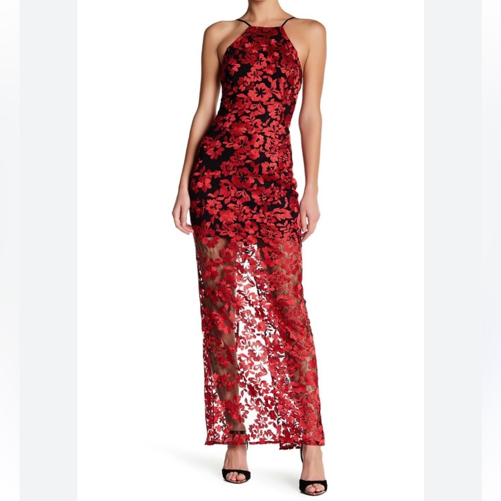 ABS ALLEN SCHWARTZ Red Embroidered Black Lace Sheer Prom Bridesmaid Gow…